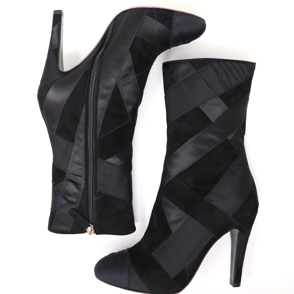 Chanel 39 Black Suede Grosgrain Boot Satin Patchwork Paris Cosmopolite Mid Calf